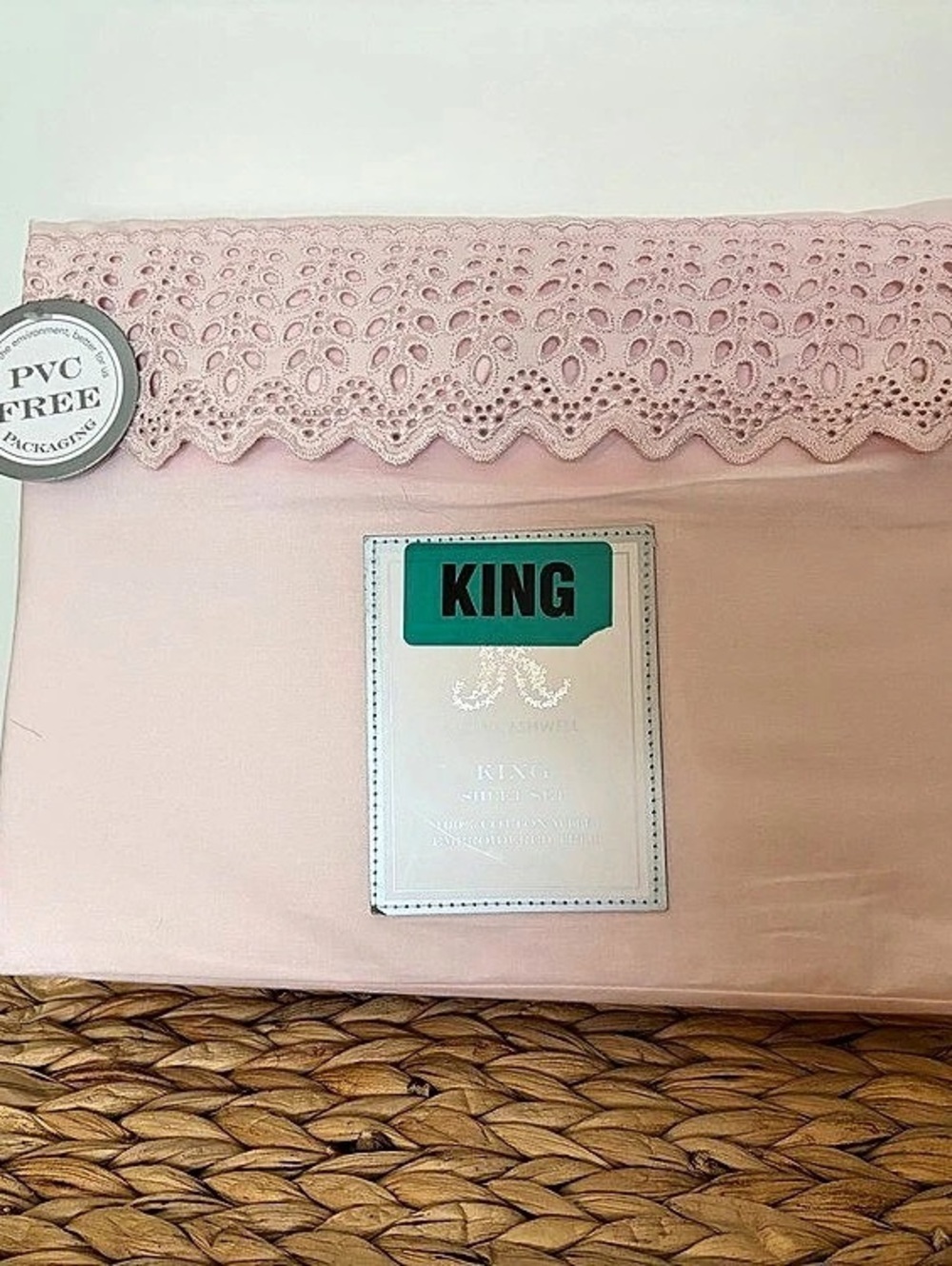 Rachel Ashwell Pink Eyelet Embroidered King Sheet Set NWT 100% Cotton